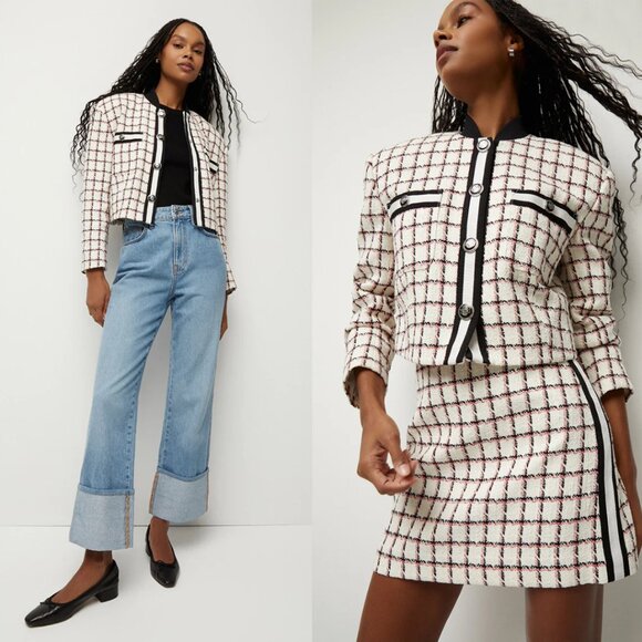 NWOT Veronica Beard Ellicot Tweed Crop Jacket In Ecru Multi Size 4 Graphic Check - Picture 2 of 10